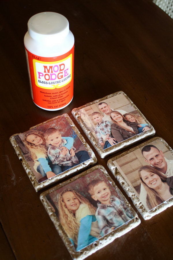 DIY Photo Tile Coasters. Transfer your photos to the stone tiles and make them into coasters. A personal and inexpensive gift idea. 