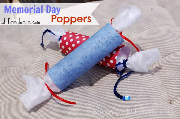 DIY Poppers for Memorial Day. The great thing about these poppers is that you can make them for any occasion just by changing up the scrapbook paper you choose. For Memorial Day and the 4th of July, scrapbook paper in festive reds, whites, and blues is perfect.  