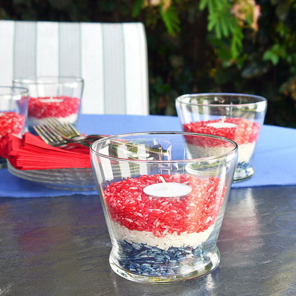 Patriotic Bug-Away Candleholders. Along with creating a festive Fourth of July table, these patriotic candleholders are scented with smells that keep bugs away from your guests and grub. So set the table, light the candles, and get ready for a bug-free celebration. 