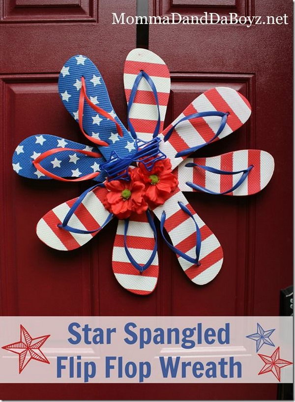 Star Spangled Flip Flop Wreath. A cute idea for patriotic holiday decor,summer door sign and party door decor. 