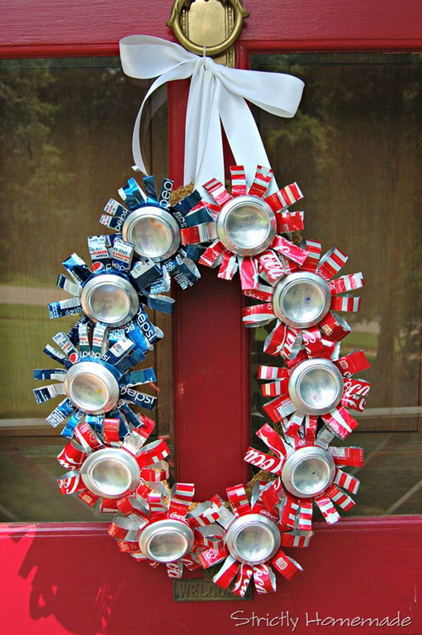 4th of July Recycled Can Wreath. A lovely wreath made from recycled soda cans. Cool idea for patriotic holiday. 