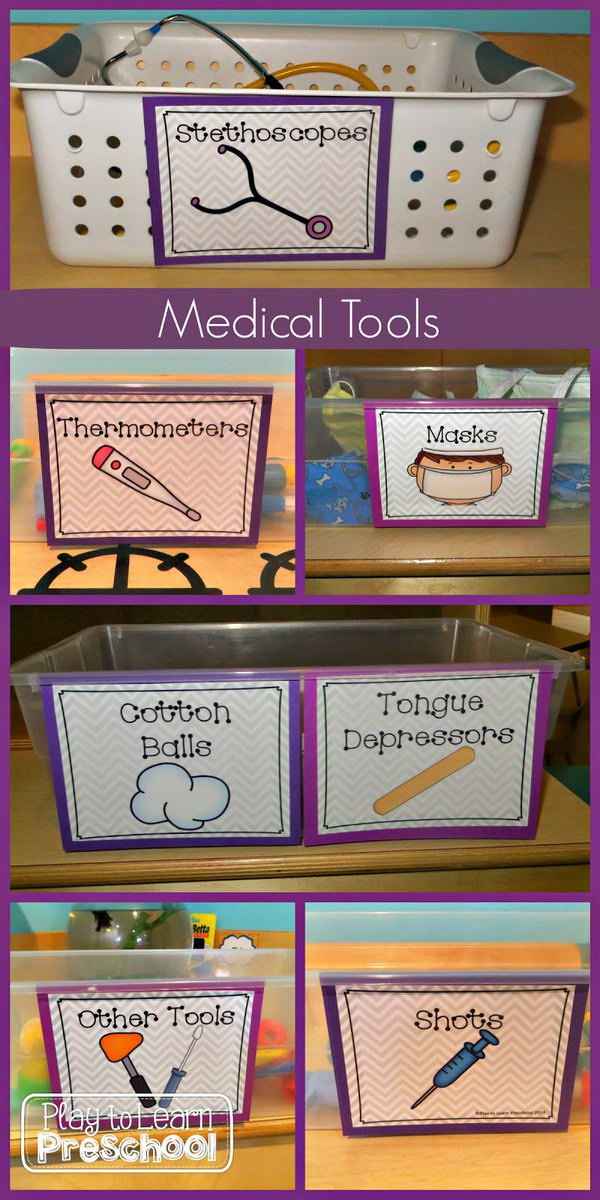 Baskets of Medical Tools for Dramatic Play Hospital Center. Kids learn so much as they negotiate their roles, discuss their health issues, use new vocabulary and interact with each other.  