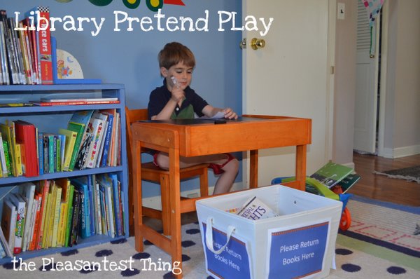 Library Pretend Play. What a fun way to play with books for kids. 