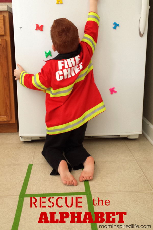 Rescue the Alphabet Game. A fun way to combine firefighter pretend play and learning. Kids will work on letter recognition, letter sounds and even gross motor skills while pretending to be a firefighter. It's a great activity for preschool community helpers theme or fire safety theme lesson plans. 