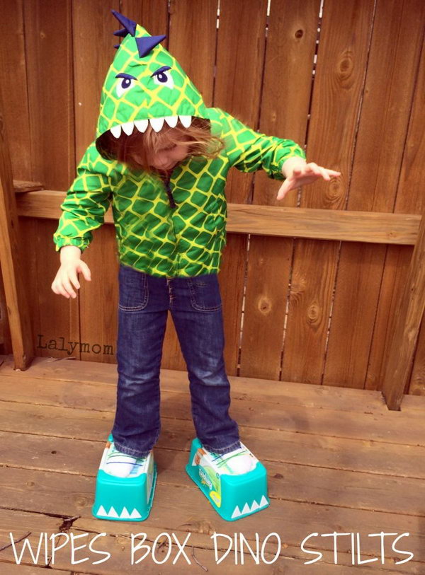 DIY Dinosaur Feet Stilts. It would be fun to make some old school stilts into cool looking dinosaur feet. Super easy and lots of roaring, stomping fun. 