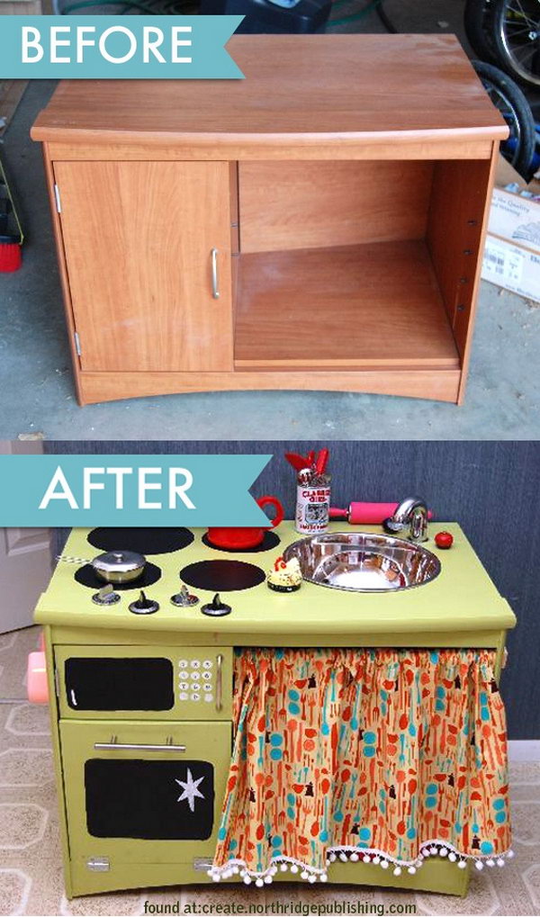 Turn an old dresser into a child's kitchen play set. 