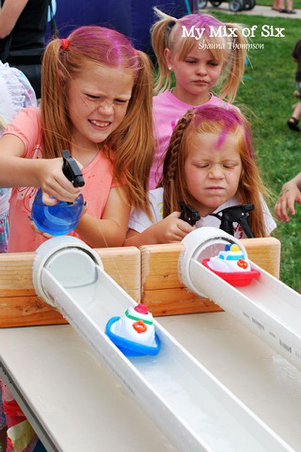 Boat races with water squirters. Easy project for poolside fun. The kids get so competitive with each other. 