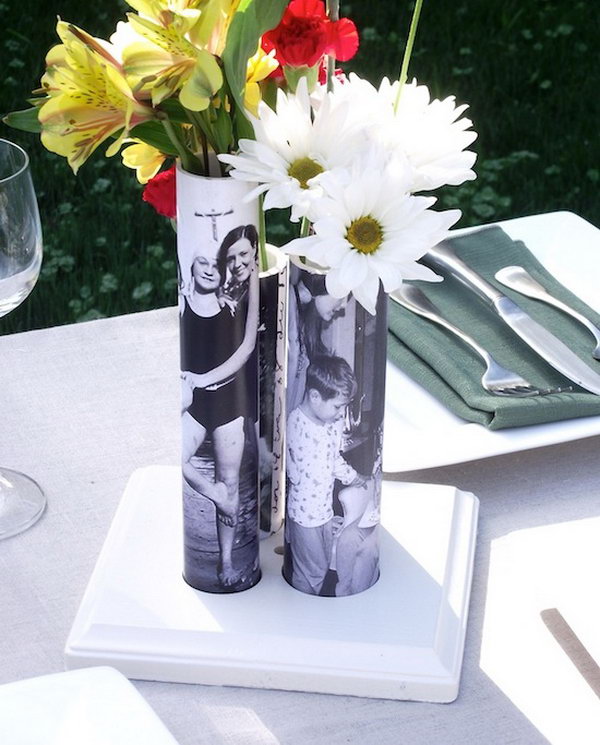 DIY PVC Pipe Vase for Mother’s Day. Wrap old family photos around the PVC pipes as a gift. 