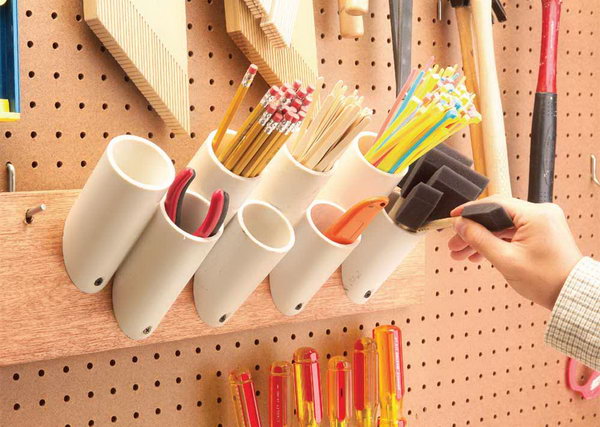 PVC Pipes Storage Pockets for Skinny Things. Screw PVC pipes to a board to hold paint brushes, pencils, stir sticks. A great idea for a number of organizational needs: in the garage, the office, or for your craft space. 