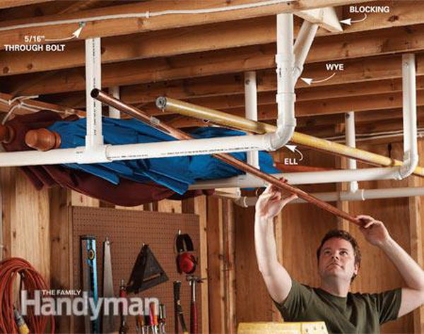 Overhead garage storage. Mount the PVC pipes on the ceiling for keeping long items. A great way to keep your garage open and free of clutter. 