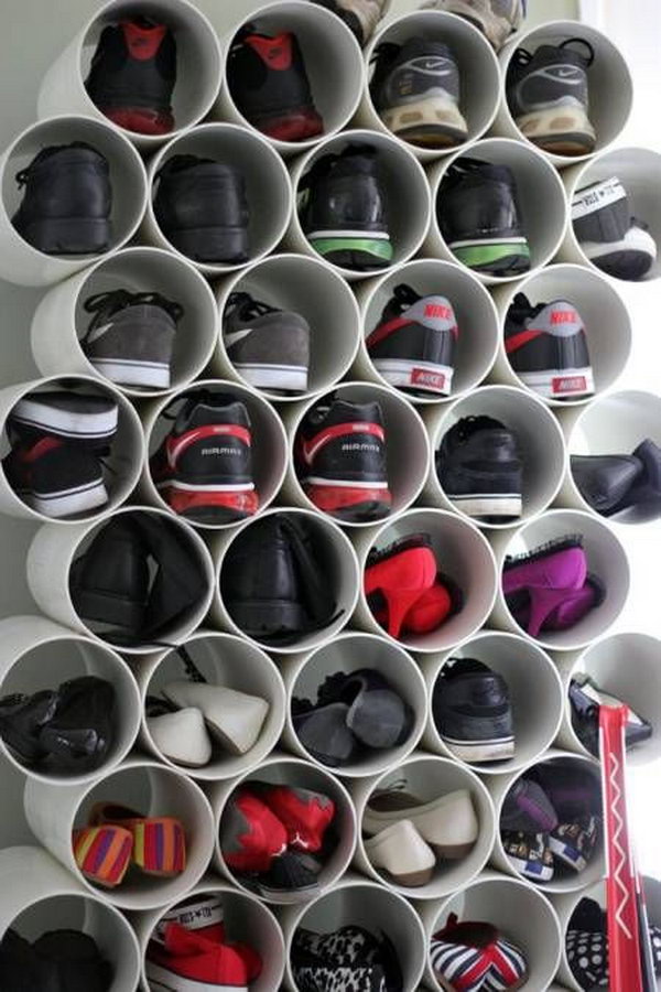 Stacked PVC Pipe Shoe Storage. Find pipes that are just the right size for your shoe collection, cut them down to shoe-length and stack together using pipe glue. It's an endlessly customizable shoe rack—and you can always add to it as your collection grows. 