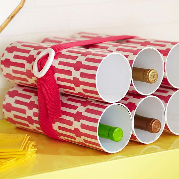 Make a stylish wine bottle rack out of PVC pipes. 