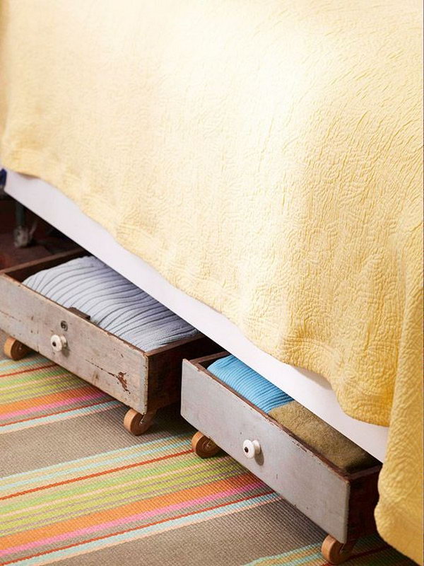 Under Bed Storage Drawers on Wheels. Use old drawers with wheels on the bottom to create under the bed storage. 