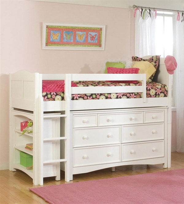 Maximize space with the bookcase and Wakefield 7-drawer dresser under the loft-style bed. A cute bedroom storage idea for kids. 