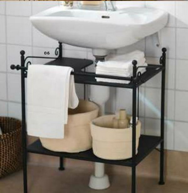 RONNSKAR Sink Shelf. This RONNSKAR shelf from IKEA is designed to fit around a pedestal sink or the pipe of a wall-mounted sink. It squeezes estra storage out of a small bathroom. 