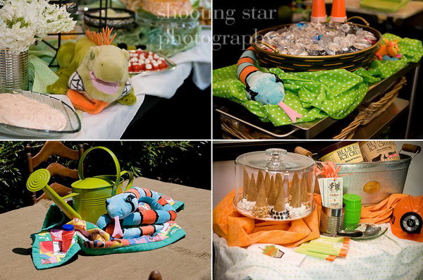This colorful jungle exploration themed birthday party has lots of green, orange and bright colors. Every single detail was carefully planned by the designer. Really appreciate the beautiful jungle animals and the way laying add to the feeling of mystique.