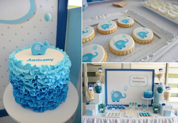 This delightful blue elephant themed party has so many fabulous ideas and cute details. I love the blue ombre ruffle cake, the oreos with elephant fondant toppers and desserts and ...well, all of it!