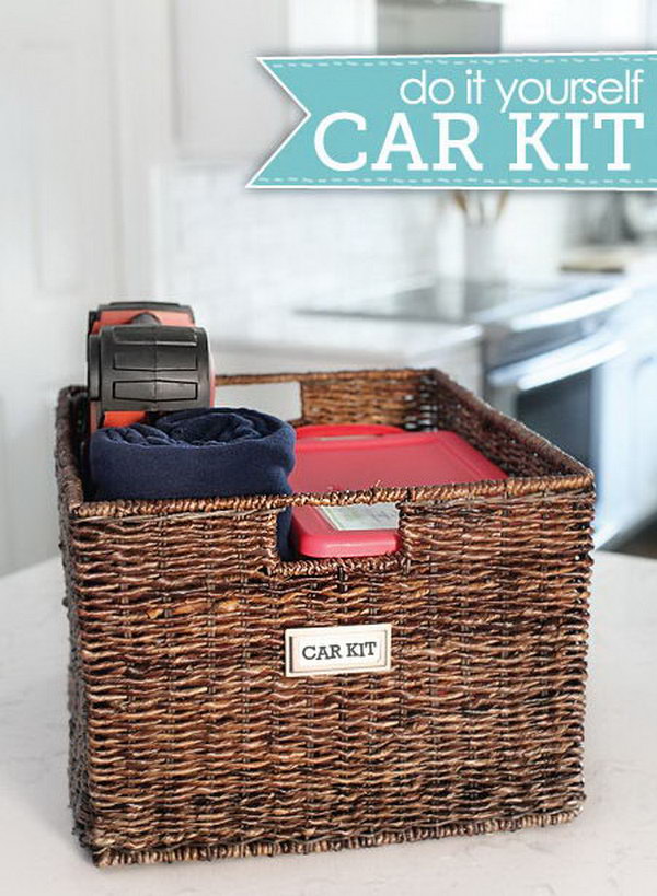 DIY Car kit: Prepare a good-sized wicker basket with two plastic boxes for the smaller items in. The remaining space can be a good storage for other bigger things, like a blanket, bottles, a first aid kit or anything else. 