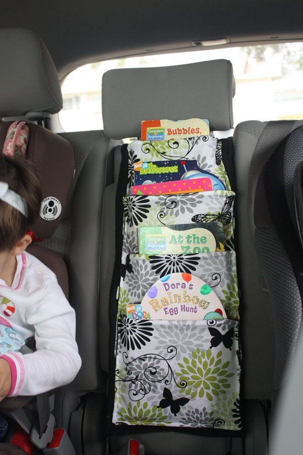 You can make some cloth bags, and then attach them on the back of the seat in your car as a book holder for your passengers' reading. 