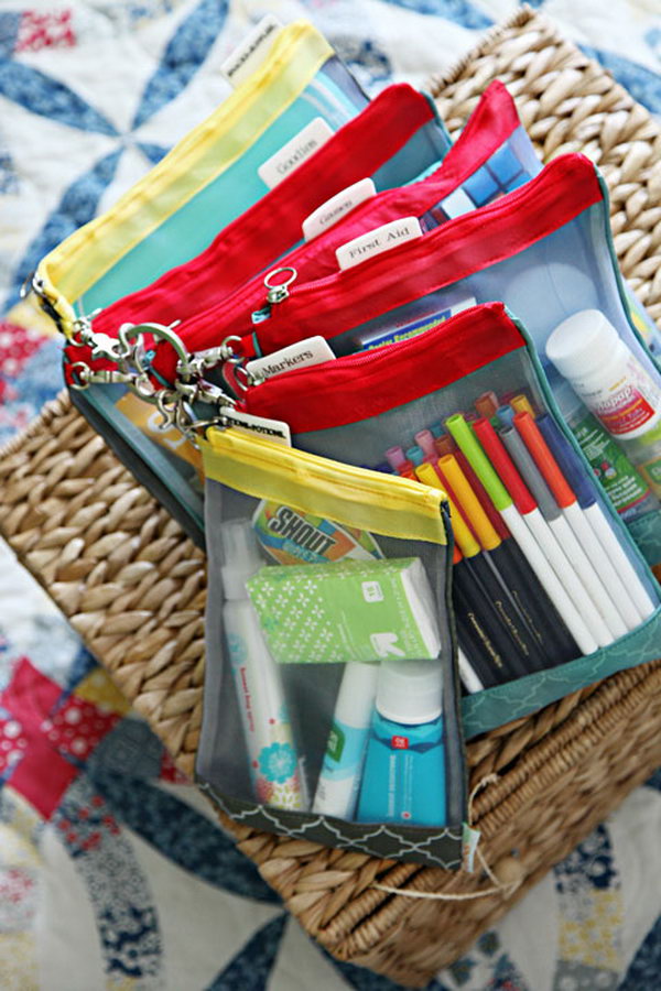 Individual travel bags. Have each one of individual pouches hold different oddles of items, then clipped them together with a larger ring so that they can be removed to be used individually. 