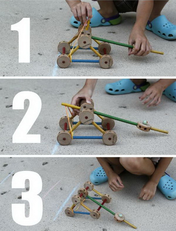 Tinker Toy Catapult. This experiment is a pretty simple construction, but your kids will benefit a lot from the skills involved, such as designing, building, working as a team, measuring, etc. Learn how to do it.