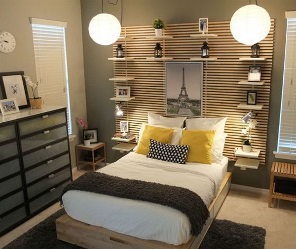 The key features of this bedroom are the MANDAL bed frame with storage drawers, for things like your off-season clothes, blankets, etc. and the MANDAL headboard with the bedside shelves ,which do not impact your floor space. It looks organized, warm and cozy.