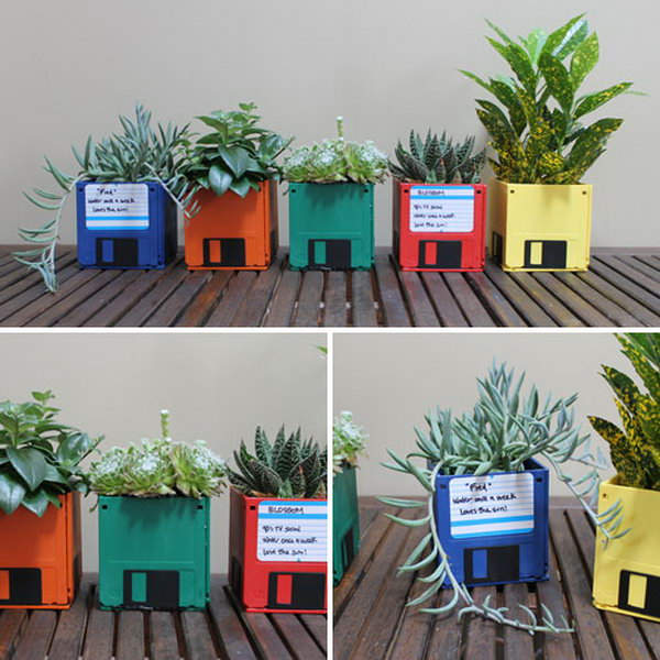 DIY Floppy Disk Planters. It is very environment-friendly to make floppy disk planters out of old floppy disks. And these handmade planters make a wonderful birthday present for a flower lover. 