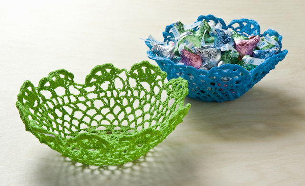 Doily Bowls. Use some doilies to make these beautiful bowls. It is a great gift idea to give your friends such gorgeous and useful doily bowls on special days. 
