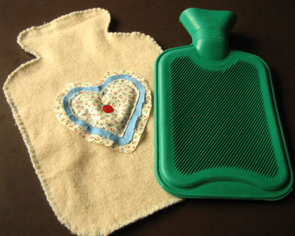 Hot Water Bottle Cover. This cover is a very economic and practical present for your mom. You just need some scraps of fabric and an old blanket or scarf to make such a great gift. 