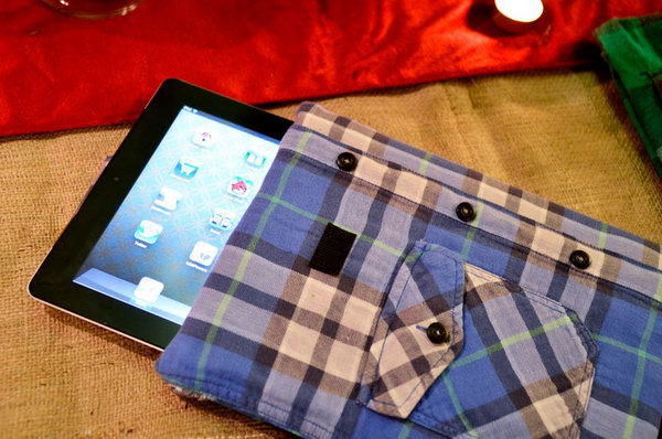 Plaid shirt iPad case. This unique iPad case is made from a plain shirt. It's so easy and quick to create one without a sew machine. All you need is a plaid shirt, a padded envelope, hot glue gun, fabric glue sticks, scissors, velcro. Here's a video for you.