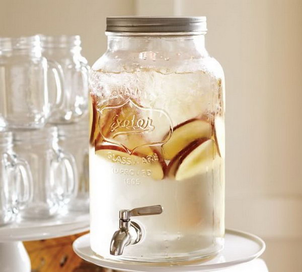 Mason Jar Drink Station. Mason-jar-inspired collection continues the tradition of casual entertaining. It's fantastic to let guests help themselves to lemonade or ice tea with this mammoth mason jar drink dispenser.