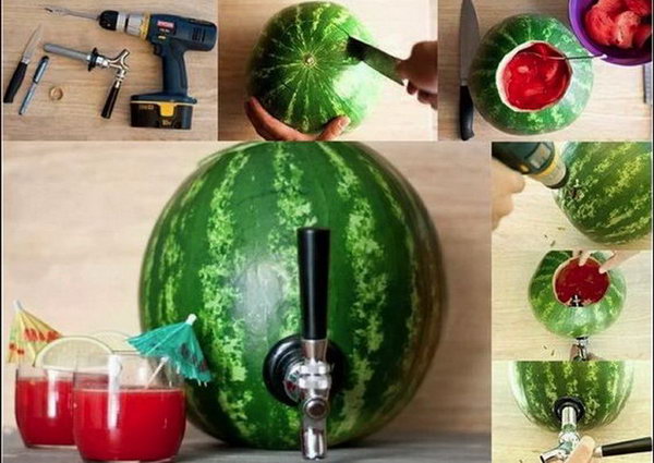 Watermelon Drink Station. Drill a hole from the watermelon to introduce the tap. Fill in the hollowed-out watermelon with drinks as you like. This watermelon beverage dispenser is sure the impress your guests with its stunning design.