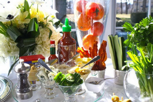 Bloody Mary Bar. Serve up tomato juice, top shelf vodka, clam juice with a variety of fruit with pickled vegetables as you like to mix up your favorite beverage flavor.