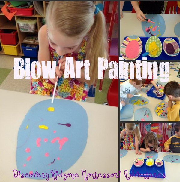 Easter Blow Art Painting. Put colorful paints into different containers. Put dabs of paint using a dropper and blow with straw all over the egg. Your kids will enjoy this busts of color creation idea.
