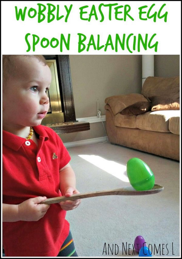 Easter Egg Spoon Balancing Activity. This balancing activity is so funny. Handle a wooden spoon to balance the Easter egg, make sure that you can’t drop the Easter egg. I like this idea for it can train the balance ability for kids.