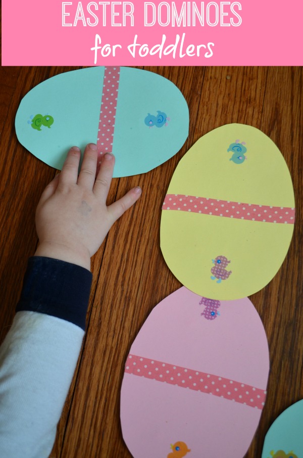 Easter Egg Dominoes Activity. Use a tape or market to divide the cardstock with Easter egg shape in two parts, choose 10 pairs of stickers of different colors. Each pair has the same color. Stick them on cardstock at both sides from the middle line. Select a card and find the matching card with the same stick to go ahead.