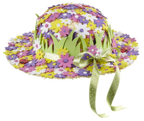 Flower Garden Easter Bonnet. Use colorful flowers foam stickers to cover the hat. Stick the grass from green sheets of foam around the hat. Tie the lengthy ribbons in a bow at last to finish off its beautiful design.