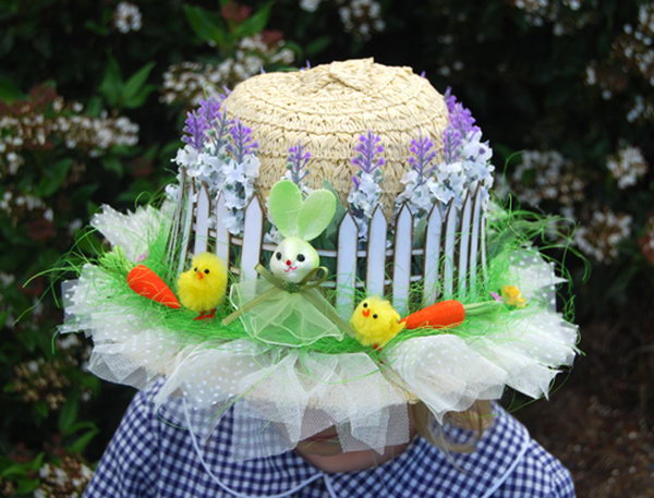 Rustic Look Easter Hat. How to add the rustic flavor to Easter hat? Apply white fence from craft foam and purple lavender above this around the hat. Tie the yellow ribbon into a bow at the back. You can add some other decorations to make this hat more colorful.