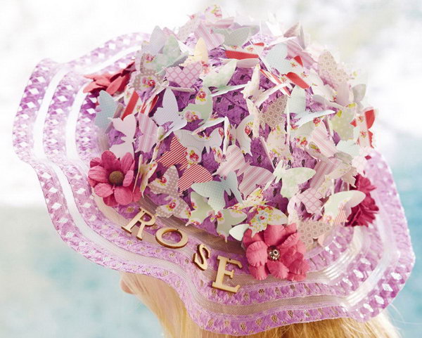Butterflies Easter Bonnet. Use floral paste paper to create this butterfly Easter bonnet with amazing grace. Cover the folding colorful butterflies from scrapbooking papers with paper flowers all over the top of your bonnet. Finally, add some flowers around the rim.