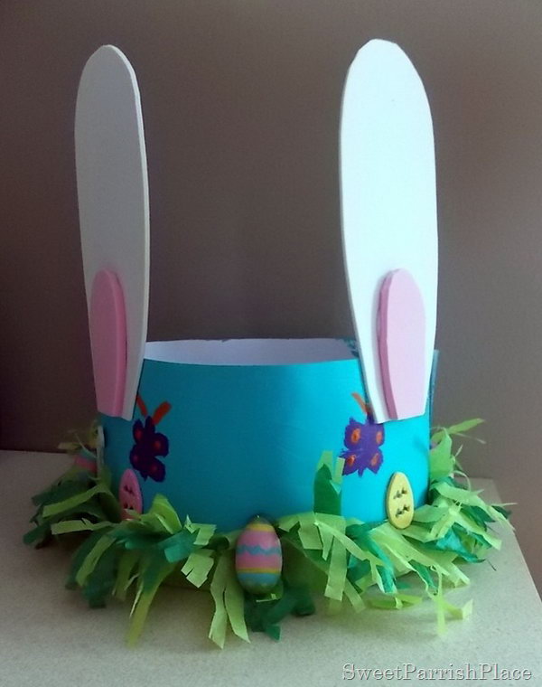 Sweet Easter Bonnet. This Easter bonnet is so cute. DIY it with craft paper to form the hat model and you can paint your beautiful pattern with the color you like. As usual, glue the ears and then you can make some decorations with colorful tissue paper and tiny Easter eggs.