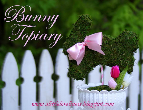 Make a Bunny Topiary. Pick up a white bowl and cover with a circle of sheet moss. Add some pink Easter eggs and silk tulip. Insert a moss covered bunny onto the stripe. Decorate the bunny with a pink ribbon around the neck.