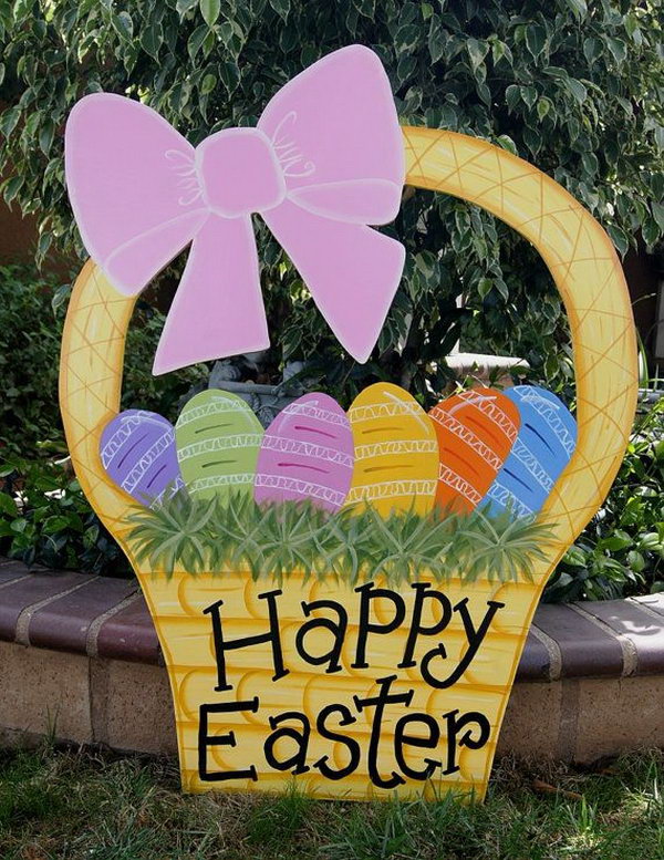 Easter Basket Yard Art. This cute Easter basket is made of Baltic birch piece with 2 coats of polished varnish for protection. It’s so great to decorate your yard with this bright color art-piece.