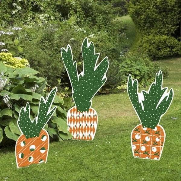 Carrot Easter Yard Sign Set. When it comes to the element of Easter decorations, you may think about bunny and Easter eggs. These Easter carrot yard signs  and stakes gives off a new look for Easter decoration. They are fade-resistant and can last from bad weather.