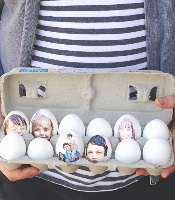 Print Photo Easter Eggs. I really appreciate the wonderful creation idea of this Easter egg, it’s simple to do but hard to imagine. Print the photos of your family and cut them close to the photo shape and glue them on the eggs. It’s so sweet to see the Easter eggs with the photos of your family. 