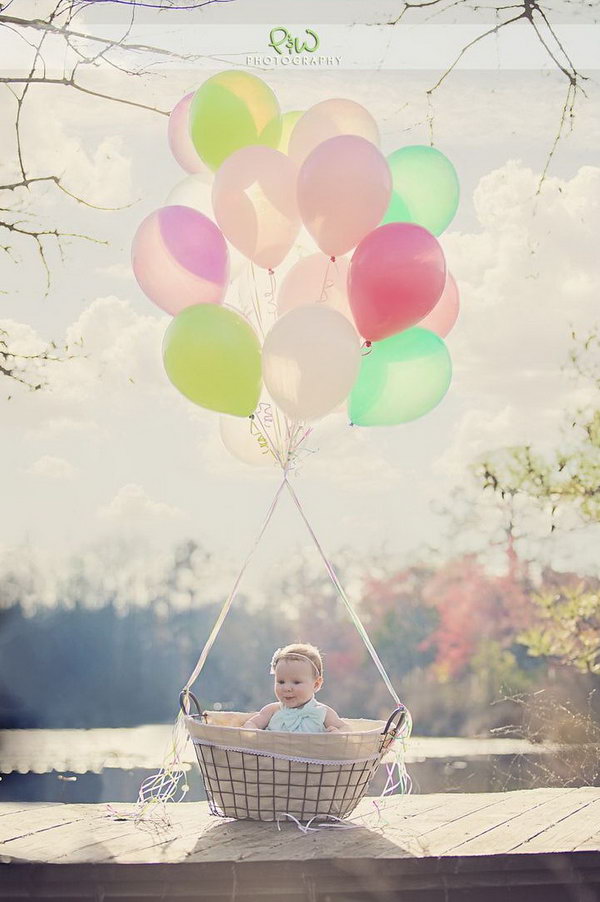 Absolutely love this photo idea for babies. The baby sits in the basket and tie some colorful balloons. You can also add some Easter eggs in this basket to set the festival mood.