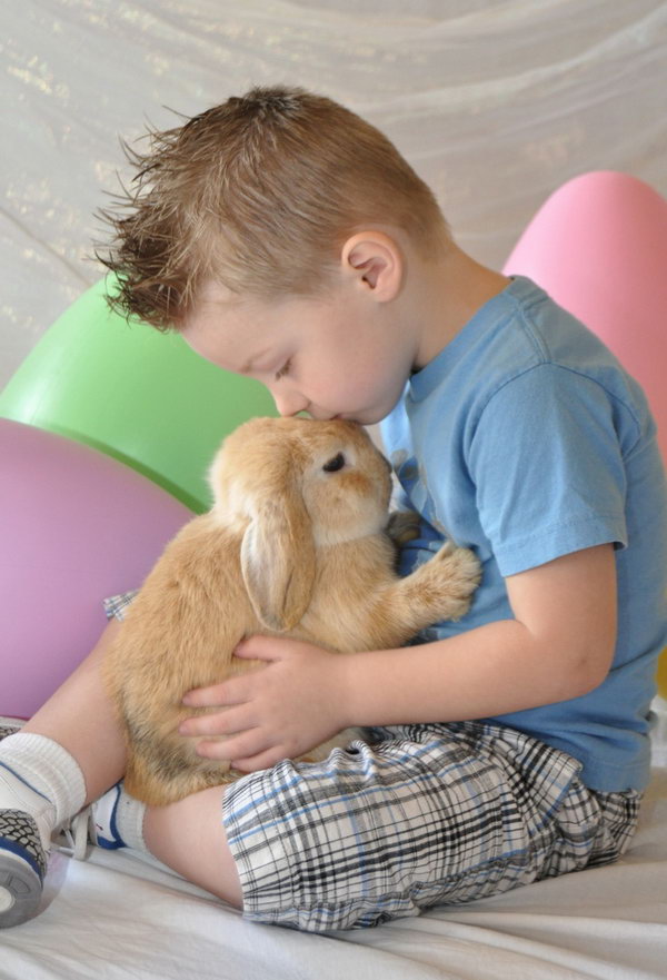 Easter Photo with Live Bunny. The boy is gently kissing the cute bunny which adds a tender flavor to this scene. The colorful big Easter eggs behind the boy embellish the Easter atmosphere for this adorable photo.