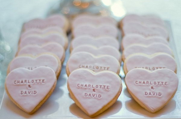 Romantic Personalized Cookies. These heart shaped cookies with the couple’s names are really sweet and romantic. Order your personalized cookies with your name together with your lover’s name wrote on them for your engagement party. So fantastic.