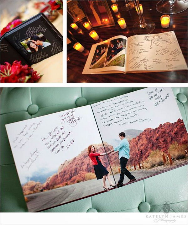 Engagement Guest book. Boring with the traditional guest book? Try this impressive creative idea by displaying your engagement photos. Leave some space inside to enable guests to write down sweet advice and sincere blessing for the couple.