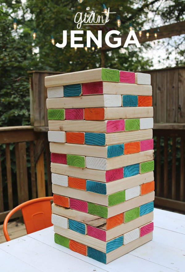 Giant Jenga.Play with your family at weekends or holidays,and you will have a unforgettable memory.The colors we add give the whole thing some sparkle and personality.