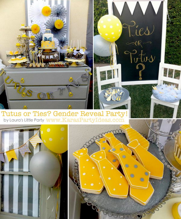 Ties or Tutus Gender Reveal Party. Celebrate the party with green salad served mason jars, tutu and tie banner, chicken salad served in ice cream cones, 3-tiered yellow and gray fondant cake to assign the gender with either a tutu or a tie.